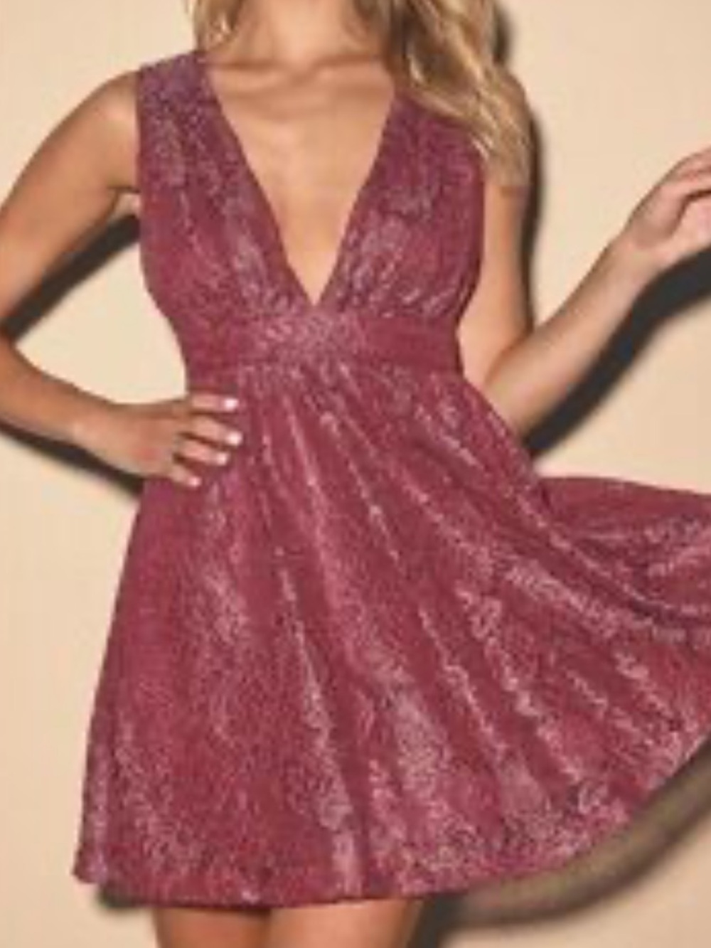 LULU’S Tawny Magenta Metallic Lace Dress